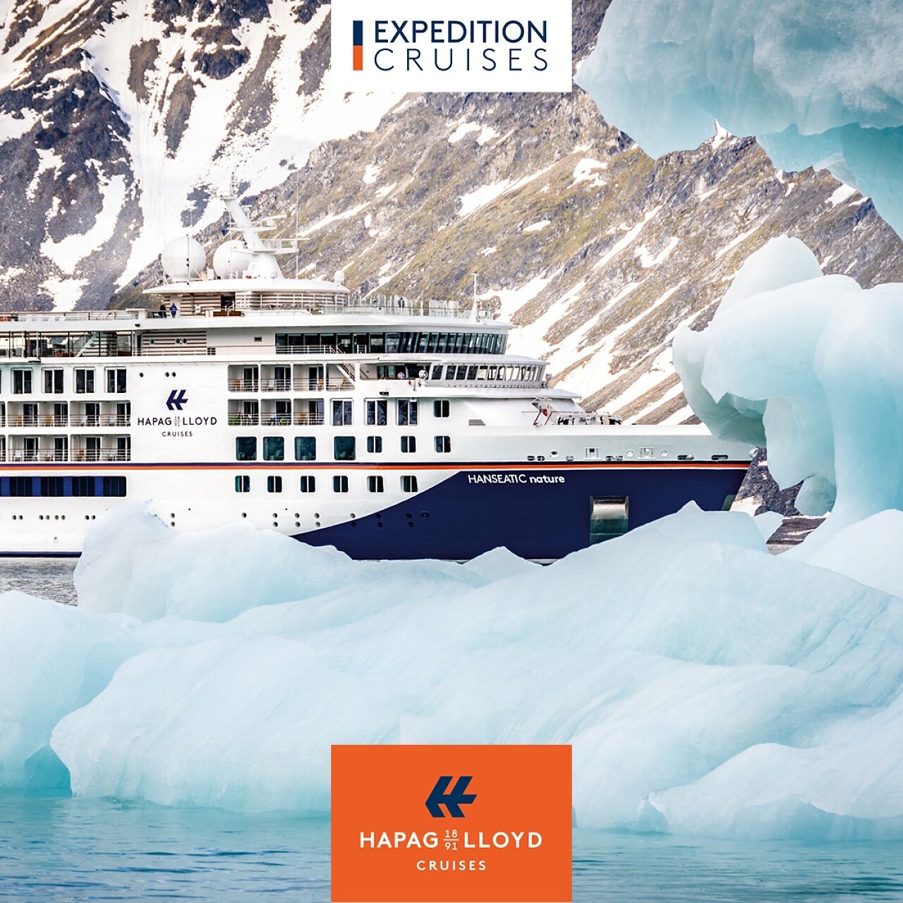 Das Expeditionsschiff HANSEATIC nature, in den Farben Weiß und Dunkelblau gehalten, navigiert zwischen großen, eindrucksvollen Eisbergen und Gletschern in einer Polarlandschaft. Die schroffe, schneebedeckte Bergkulisse ragt im Hintergrund empor, während das Schiff im tiefblauen, teilweise mit Eisschollen bedeckten Wasser fährt. Das Expeditionsschiff HANSEATIC nature, in den Farben Weiß und Dunkelblau gehalten, navigiert zwischen großen, eindrucksvollen Eisbergen und Gletschern in einer Polarlandschaft. Die schroffe, schneebedeckte Bergkulisse ragt im Hintergrund empor, während das Schiff im tiefblauen, teilweise mit Eisschollen bedeckten Wasser fährt.