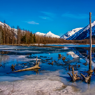 Ein Landschaftsbild eines teilweise zugefrorenen Sees in Alaska, umgeben von schneebedeckten Bergen unter einem klaren blauen Himmel. Große Stücke von Treibholz und Baumstümpfen ragen aus dem eisigen Wasser hervor. Am Ufer des Sees stehen kahle Bäume und einige immergrüne Bäume, während im Hintergrund majestätische, schneebedeckte Berggipfel in der Ferne aufragen. Das blaue Wasser des Sees spiegelt den Himmel wider und kontrastiert mit dem weißen Eis und Schnee. Ein Landschaftsbild eines teilweise zugefrorenen Sees in Alaska, umgeben von schneebedeckten Bergen unter einem klaren blauen Himmel. Große Stücke von Treibholz und Baumstümpfen ragen aus dem eisigen Wasser hervor. Am Ufer des Sees stehen kahle Bäume und einige immergrüne Bäume, während im Hintergrund majestätische, schneebedeckte Berggipfel in der Ferne aufragen. Das blaue Wasser des Sees spiegelt den Himmel wider und kontrastiert mit dem weißen Eis und Schnee.